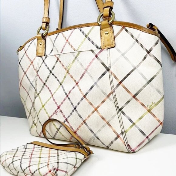Coach Peyton Tattersall Cream Plaid Tote Bag & Matching Wristlet Set F21924 - Picture 11 of 16